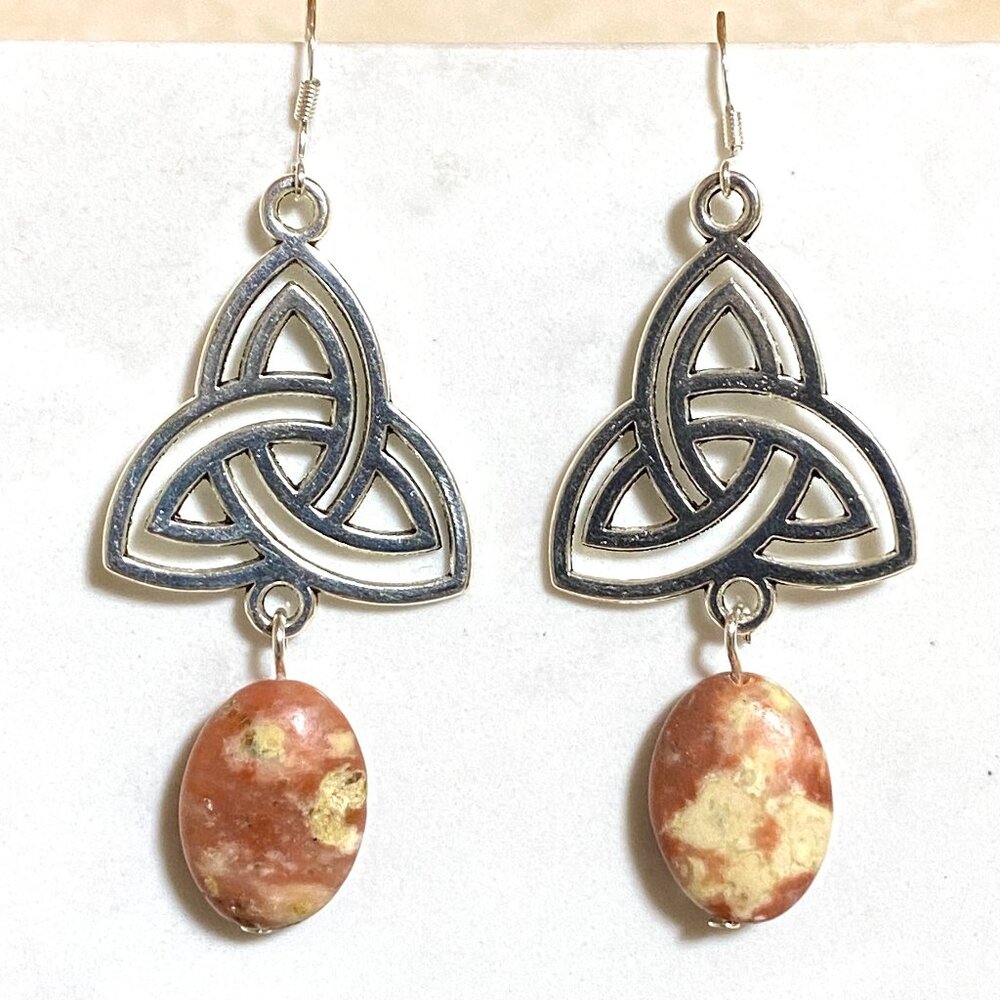 2/$20, Genuine Pink Brecciated Jasper Triqueta Sterling Silver Dangle Earrings
